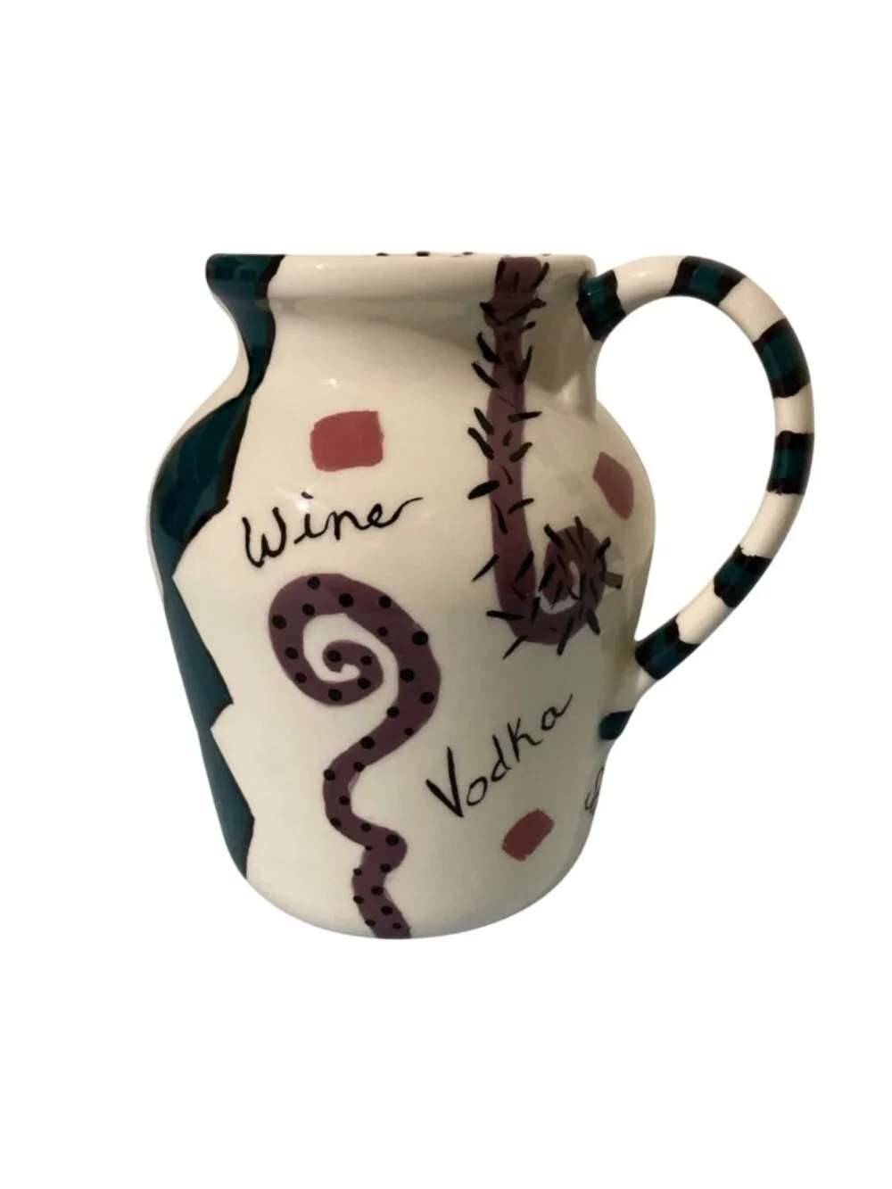 Hand Painted Barware Ceramic Pitcher With Abstract Design Fun Drink-Themed Text
